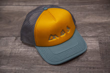 Load image into Gallery viewer, Mountain Trees and Coffee _ Trucker Hat _ Gold
