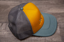 Load image into Gallery viewer, Mountain Trees and Coffee _ Trucker Hat _ Gold
